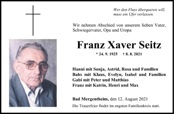 Traueranzeige von Franz Xaver Seitz von Fränkische Nachrichten