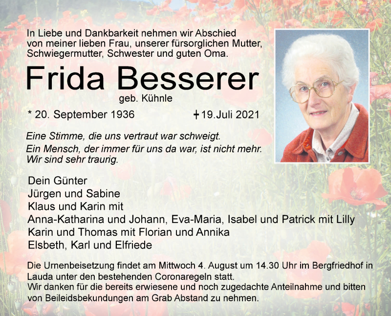  Traueranzeige für Frida Besserer vom 29.07.2021 aus Fränkische Nachrichten