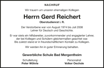 Traueranzeige von Gerd Reichert von Fränkische Nachrichten