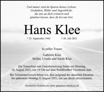 Traueranzeige von Hans Klee von Südhessen Morgen