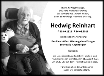 Traueranzeige von Hedwig Reinhardt von Fränkische Nachrichten
