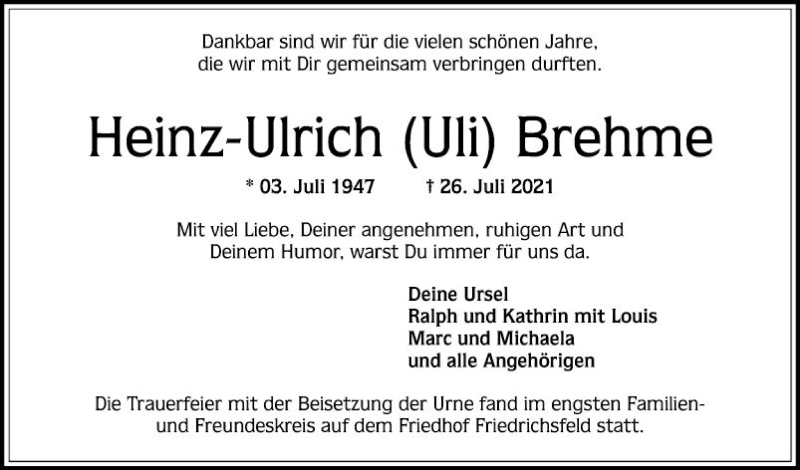  Traueranzeige für Heinz-Ulrich Brehme vom 14.08.2021 aus Mannheimer Morgen
