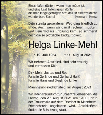 Traueranzeige von Helga Linke-Mehl von Mannheimer Morgen