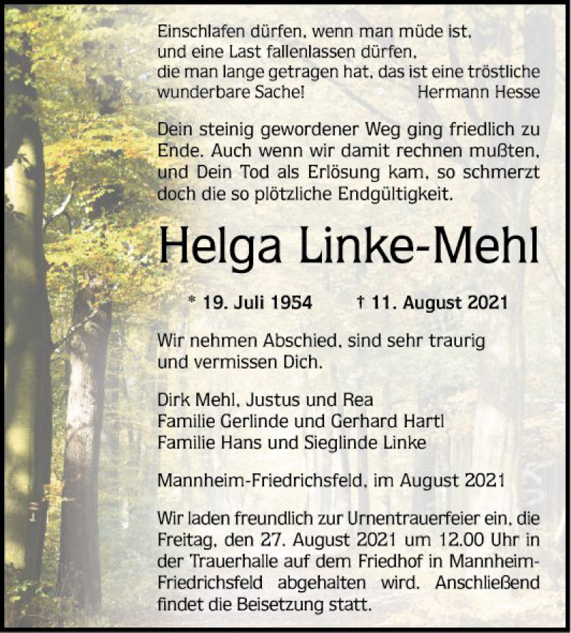  Traueranzeige für Helga Linke-Mehl vom 21.08.2021 aus Mannheimer Morgen