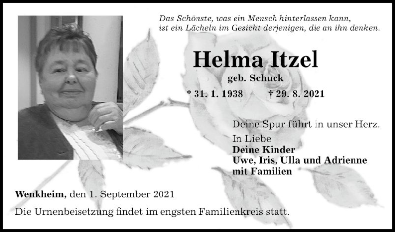  Traueranzeige für Helma Itzel vom 01.09.2021 aus Fränkische Nachrichten