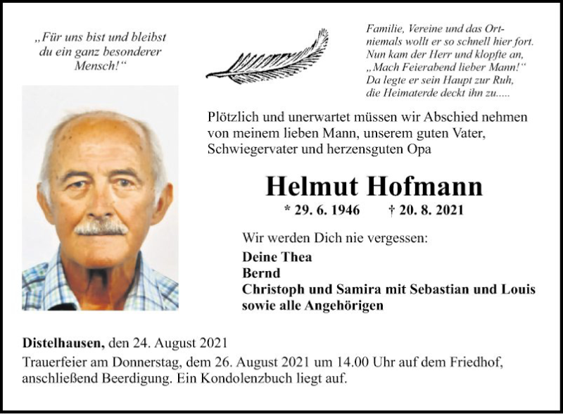  Traueranzeige für Helmut Hofmann vom 24.08.2021 aus Fränkische Nachrichten