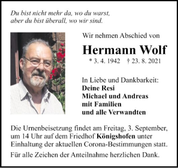 Traueranzeige von Hermann Wolf von Fränkische Nachrichten