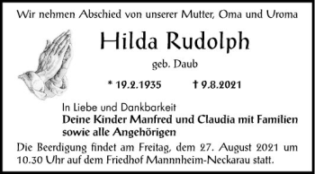 Traueranzeige von Hilda Rudolph von Mannheimer Morgen