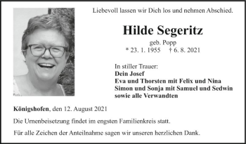 Traueranzeige von Hilde Segeritz von Fränkische Nachrichten