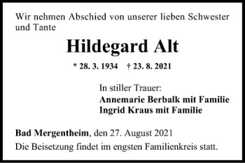 Traueranzeige von Hildegard Alt von Fränkische Nachrichten