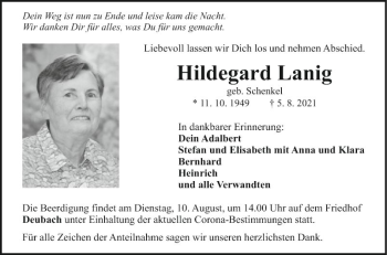 Traueranzeige von Hildegard Lanig von Fränkische Nachrichten