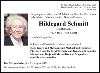 Traueranzeige von Hildegard Schmitt von Fränkische Nachrichten