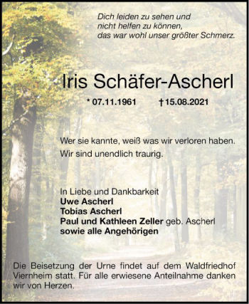 Traueranzeige von Iris Schäfer-Ascherl von Südhessen Morgen