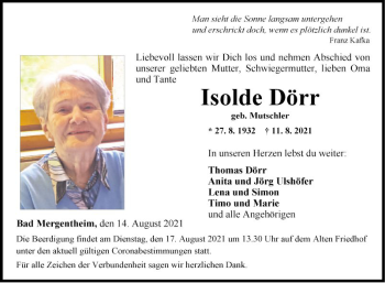 Traueranzeige von Isolde Dörr von Fränkische Nachrichten