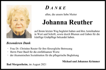 Traueranzeige von Johanna Reuther von Fränkische Nachrichten