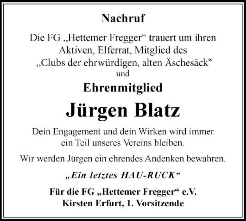  Traueranzeige für Jürgen Blatz vom 26.08.2021 aus Fränkische Nachrichten