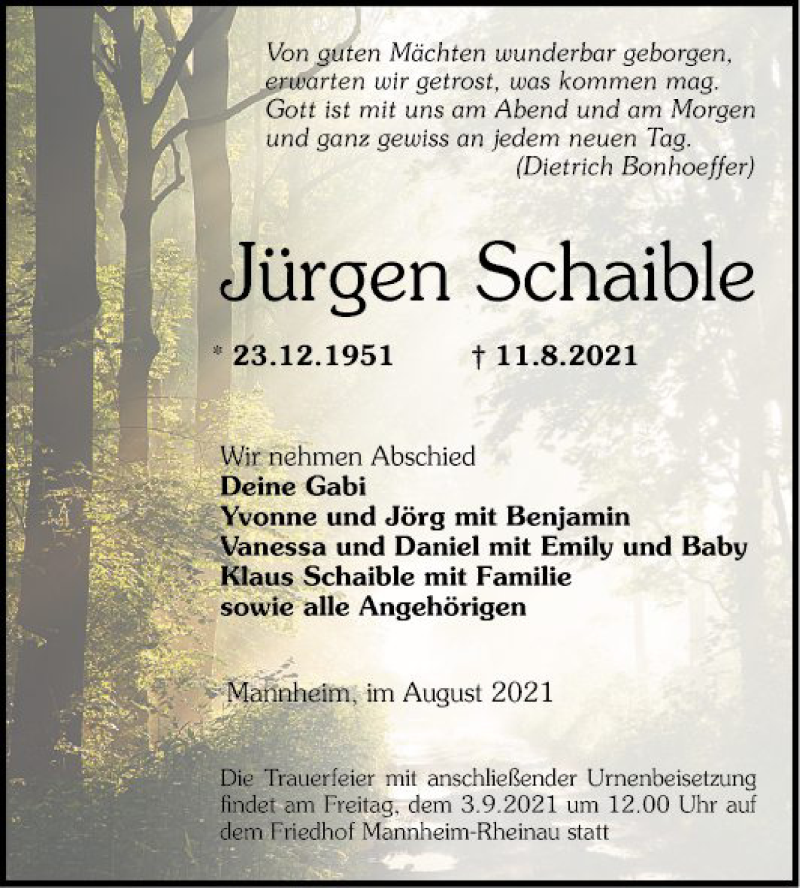  Traueranzeige für Jürgen Schaible vom 28.08.2021 aus Mannheimer Morgen