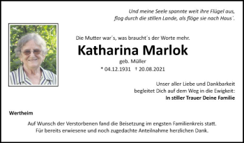 Traueranzeige von Katharina Marlok von Fränkische Nachrichten