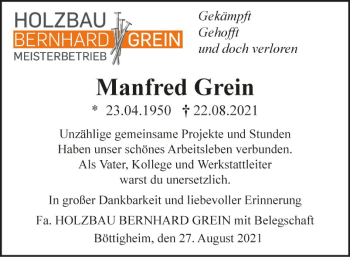 Traueranzeige von Manfred Grein von Fränkische Nachrichten
