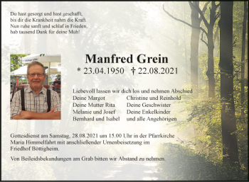 Traueranzeige von Manfred Grein von Fränkische Nachrichten