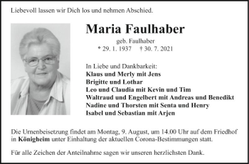 Traueranzeige von Maria Faulhaber von Fränkische Nachrichten