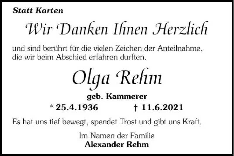  Traueranzeige für Olga Rehm vom 14.08.2021 aus Mannheimer Morgen