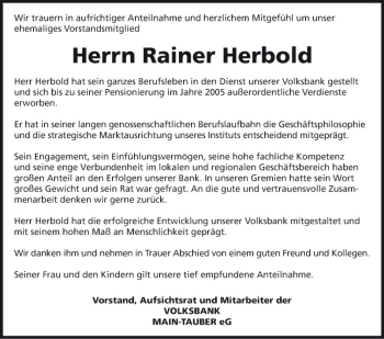 Traueranzeige von Rainer Herbold von Fränkische Nachrichten
