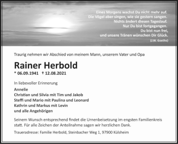 Traueranzeige von Rainer Herbold von Fränkische Nachrichten