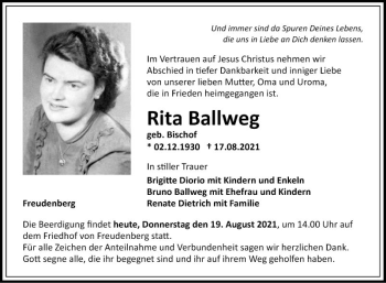 Traueranzeige von Rita Ballweg von Fränkische Nachrichten