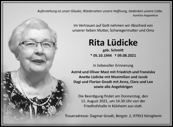 Traueranzeige von Rita Lüdicke von Fränkische Nachrichten