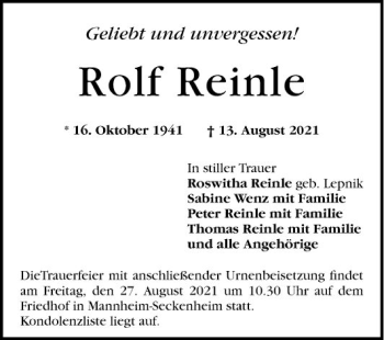 Traueranzeige von Rolf Reinle von Mannheimer Morgen