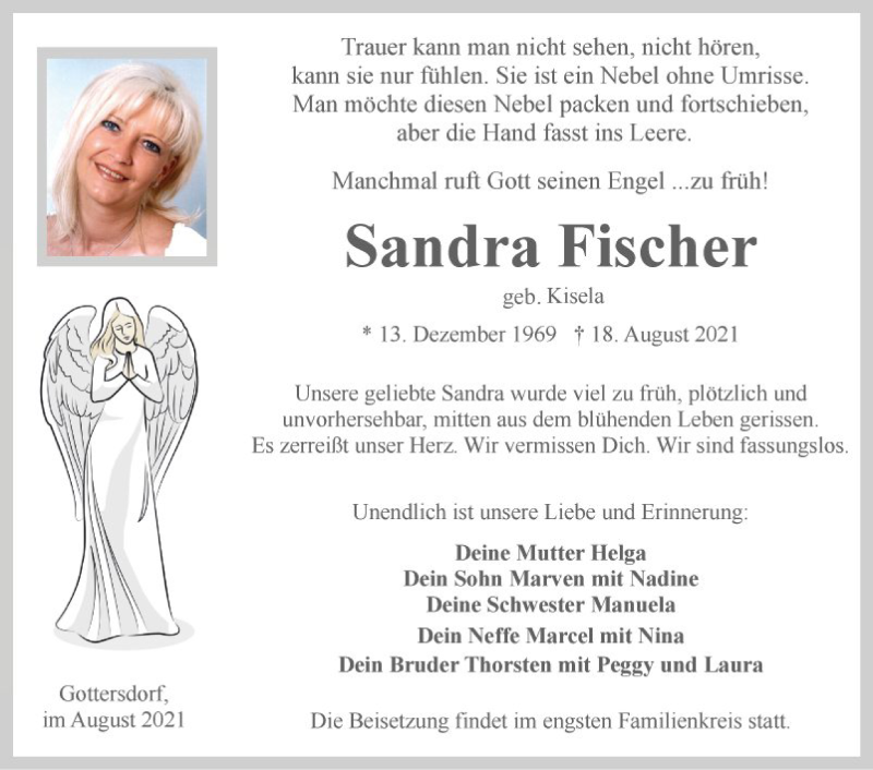  Traueranzeige für Sandra Fischer vom 25.08.2021 aus Fränkische Nachrichten