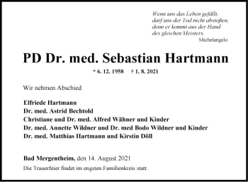 Traueranzeige von Sebastian Hartmann von Fränkische Nachrichten