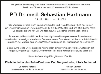 Traueranzeige von Sebastian Hartmann von Fränkische Nachrichten