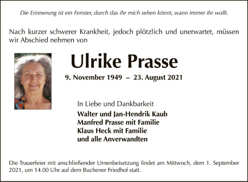  Traueranzeige für Ulrike Prasse vom 28.08.2021 aus Fränkische Nachrichten