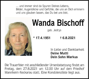 Traueranzeige von Wanda Bischoff von Mannheimer Morgen