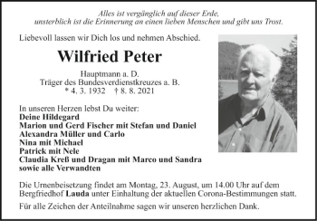 Traueranzeige von Wilfried Peter von Fränkische Nachrichten