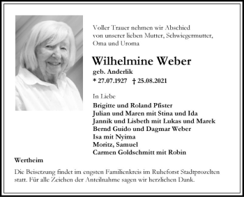 Traueranzeige von Wilhelmine Weber von Fränkische Nachrichten