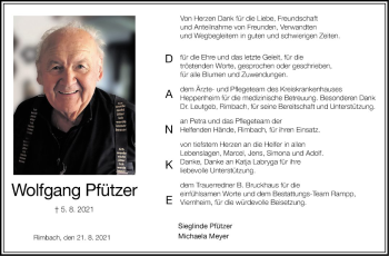 Traueranzeige von Wolfgang Pfützer von Mannheimer Morgen