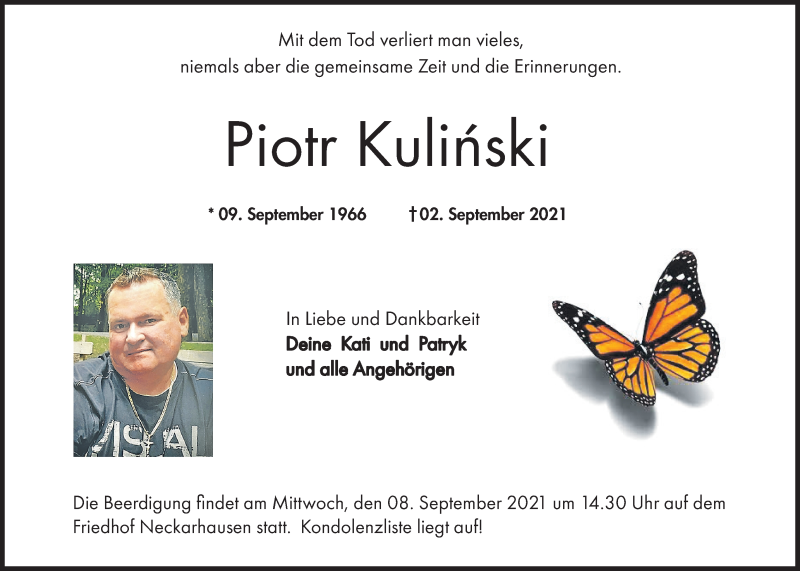  Traueranzeige für Piotr Kulinski vom 04.09.2021 aus Mannheimer Morgen