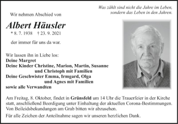 Traueranzeige von Albert Häusler von Fränkische Nachrichten