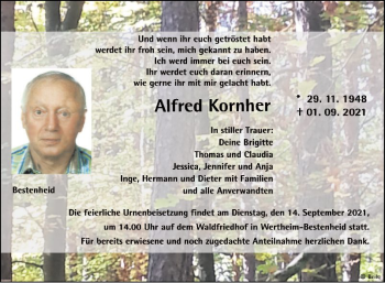 Traueranzeige von Alfred Kornher von Fränkische Nachrichten