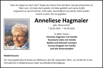Traueranzeige von Anneliese Hagmaier von Fränkische Nachrichten