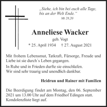 Traueranzeige von Anneliese Wacker von Mannheimer Morgen