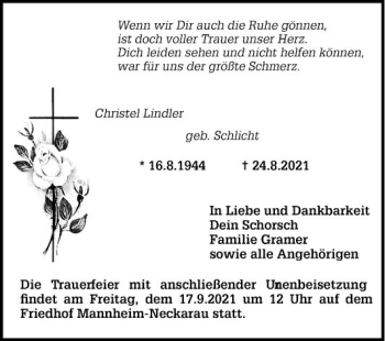 Traueranzeige von Christel Lindler von Mannheimer Morgen
