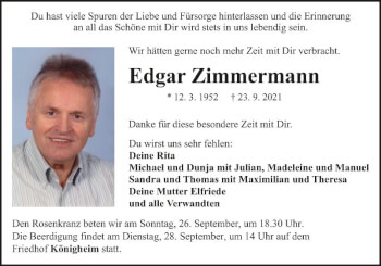 Traueranzeige von Edgar Zimmermann von Fränkische Nachrichten