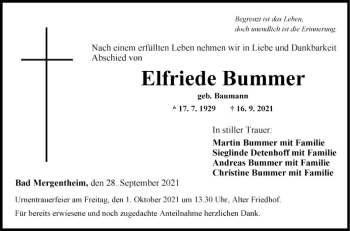 Traueranzeige von Elfriede Bummer von Fränkische Nachrichten