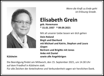 Traueranzeige von Elisabeth Grein von Fränkische Nachrichten