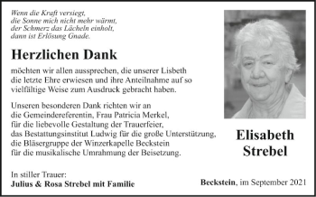 Traueranzeige von Elisabeth Strebel von Fränkische Nachrichten