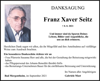 Traueranzeige von Franz Xaver Seitz von Fränkische Nachrichten